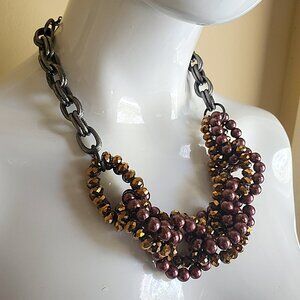 Chunky Multi Strand Gold/Brown/Silver Beaded Statement Necklace